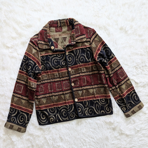 Vintage Jackets & Blazers - 90s Vintage Reversible Red, Black, & Tan Corduroy Tapestry Button Down Jacket